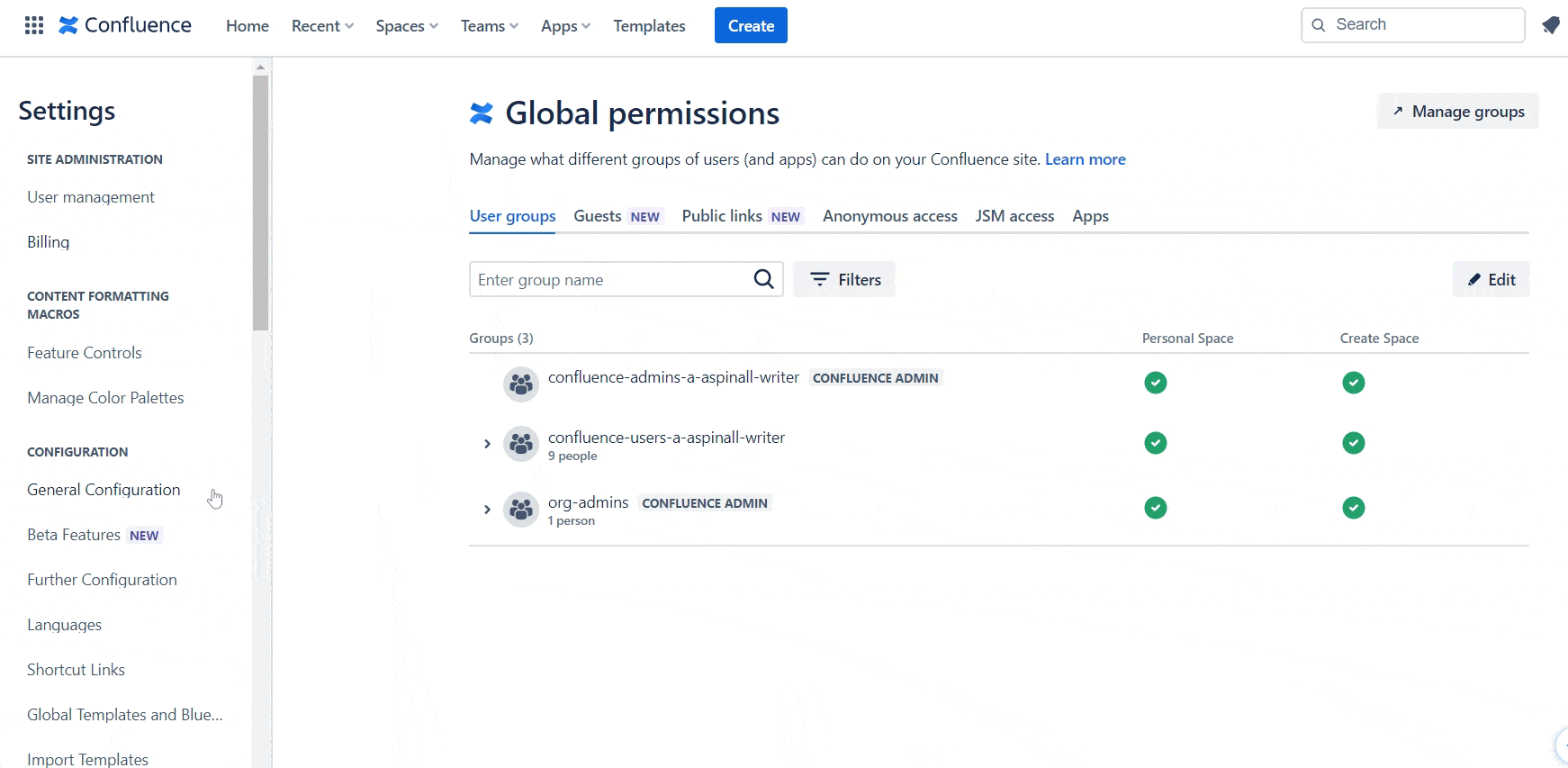 A GIF showing a user changing access permissions in Confluence’s global permissions options
