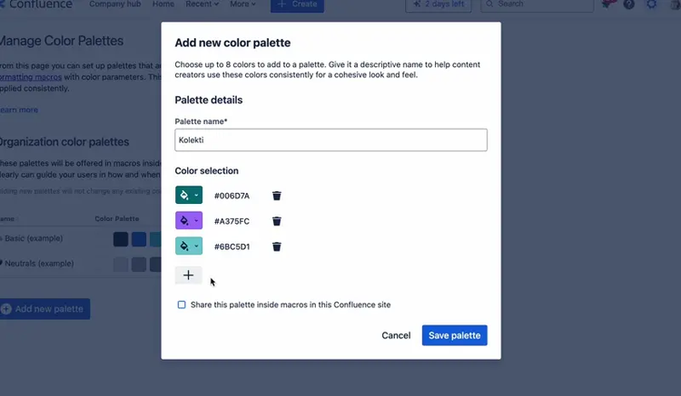 A gif showing a user creating a Confluence colour palette