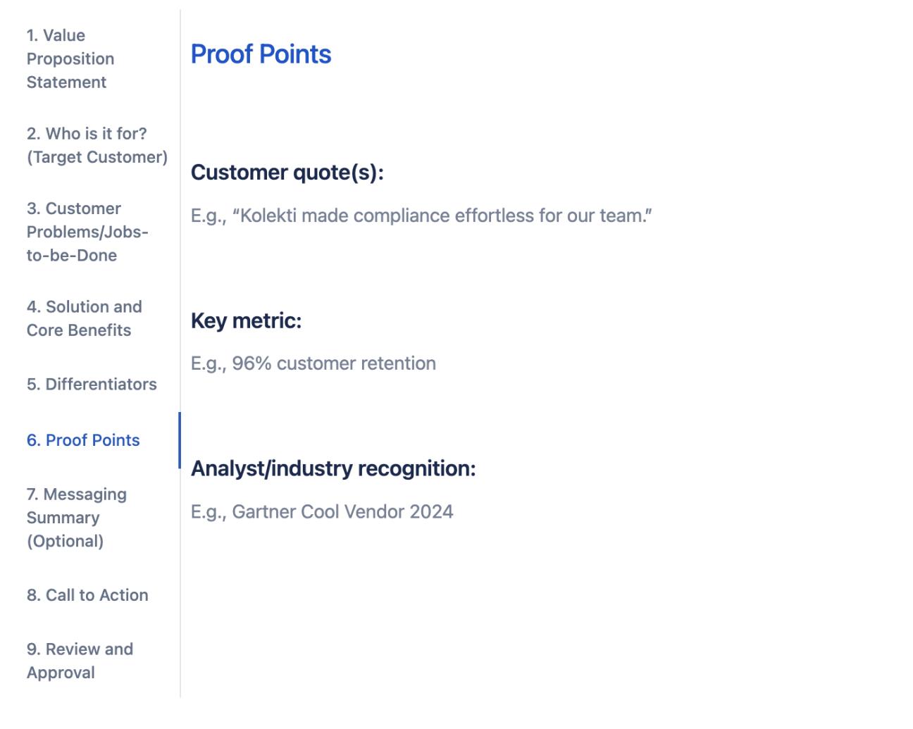 The 'Proof Points' tab of the value proposition framework, showing subheadings such as 'Customer quotes' and 'Key metrics'