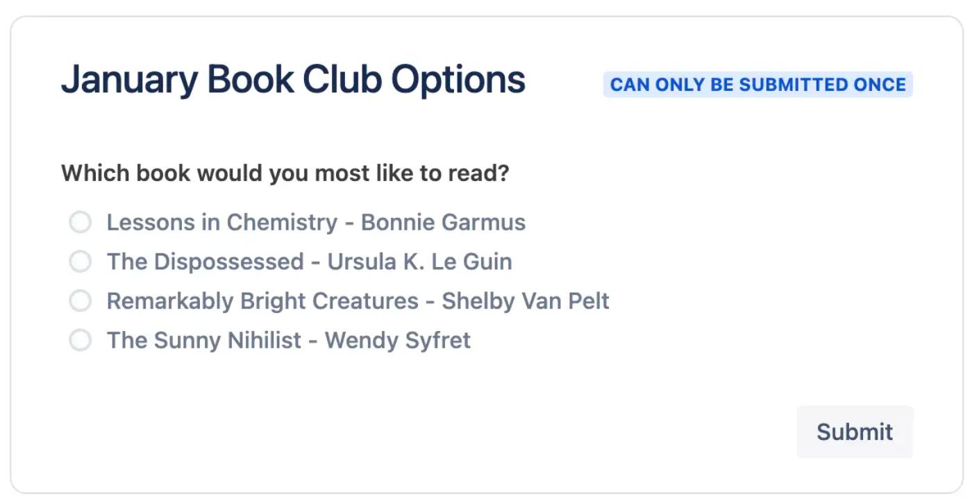 A published Forms for Confluence poll showing January book club options to vote on
