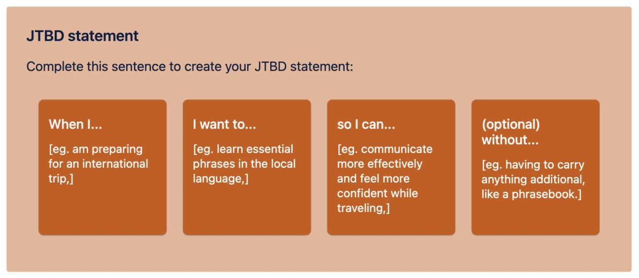 The 'JTBD Statement' section of the Jobs to Be Done framework example page