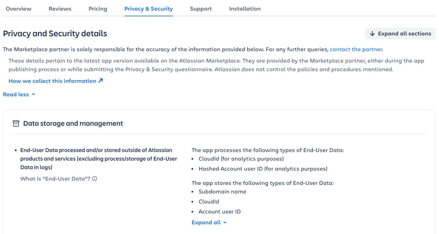 A completed Privacy and Security tab on the Atlassian Marketplace