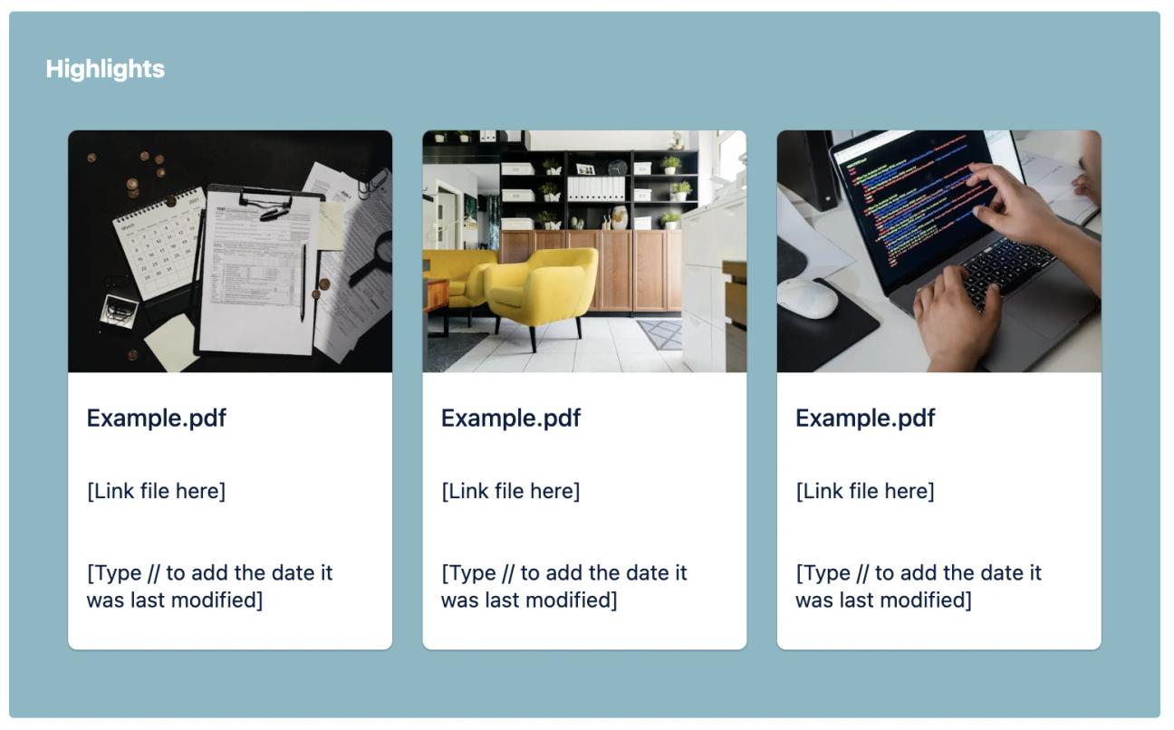 The "Highlights" part of the File List Template for Confluence with three important files displayed in Advanced Cards.