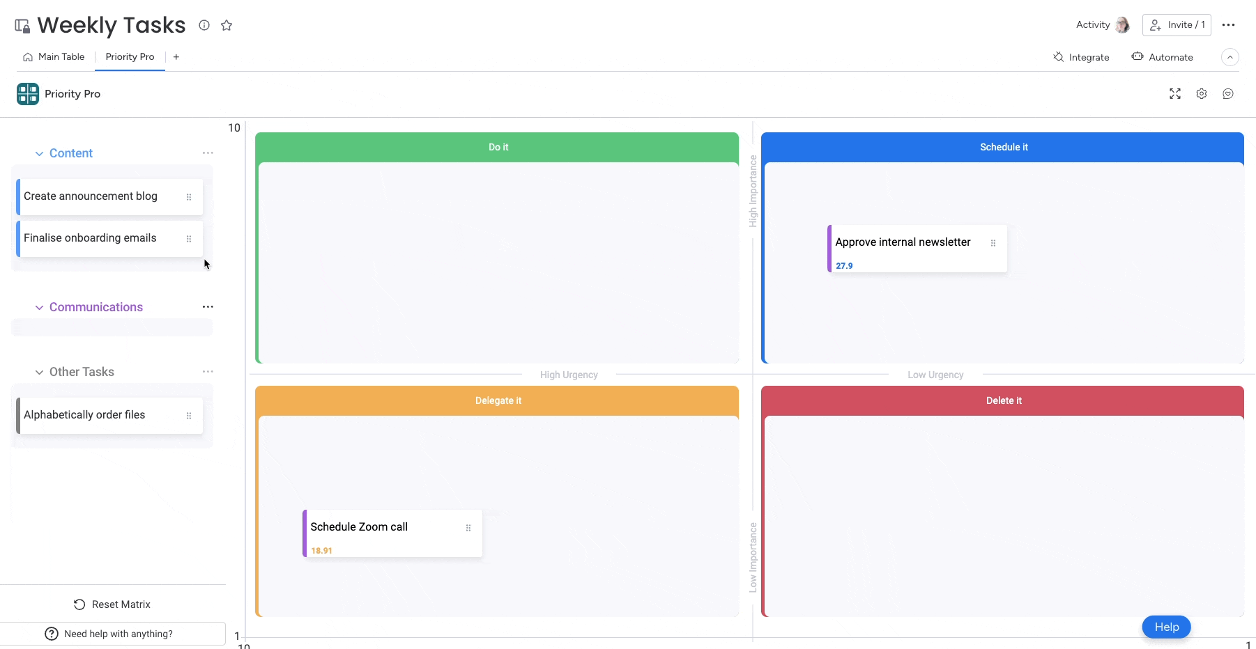 A gif showing monday.com tasks being dragged into an Eisenhower priority matrix