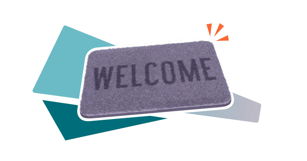 A colourful collage-style image of a doormat with the word 'Welcome' written on it