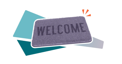 A grey doormat with the word WELCOME on it on a stylised background