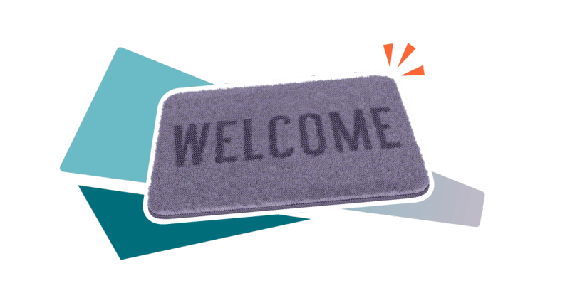 A grey doormat with the word WELCOME on it on a stylised background