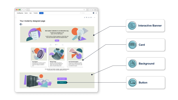 A screenshot of a beautiful Confluence page formatted with cards, buttons, and backgrounds using Content Formatting Macros