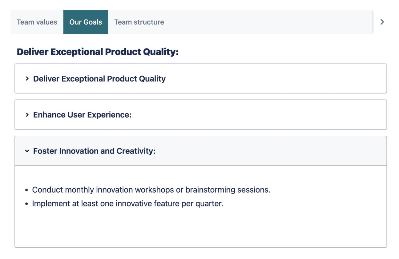 Three tabs with collapsible sections inside the open tab which is titled 'Our Goals'