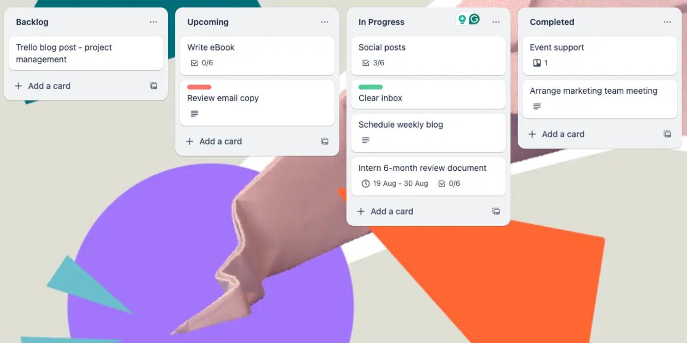 A Kanban board in Trello with cards to differently represent marketing tasks