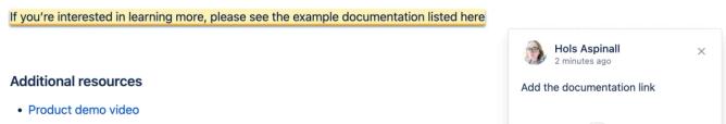 A screenshot of a highlighted sentence in Confluence with a comment to the right