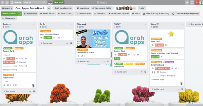 A screenshot of different cards in a Trello board