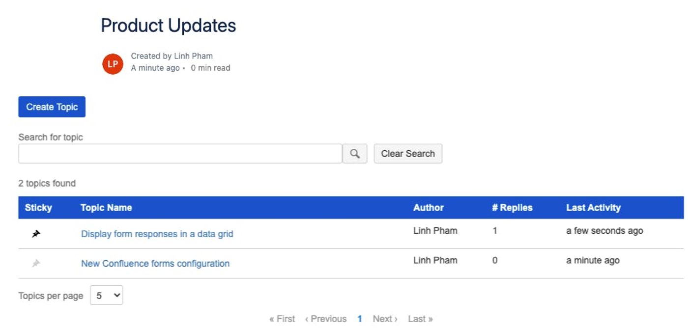 A screenshot of a forum in Confluence showing product updates