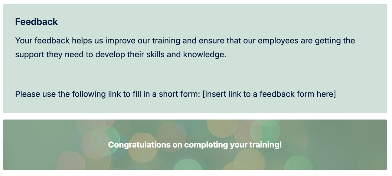 Screenshot of the last part of the Training Page Template for Confluence, showing a section for feedback and a message of congratulations.