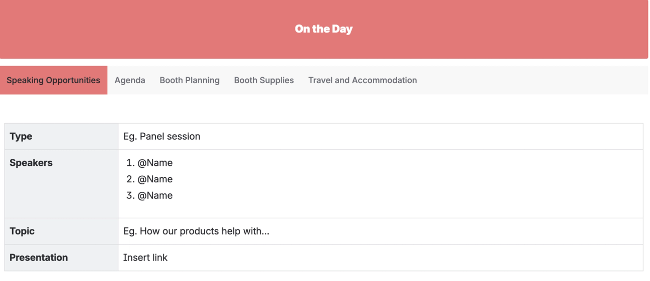 The "On the Day" part of the Event Planning Template, showing tabs with different headings on them.