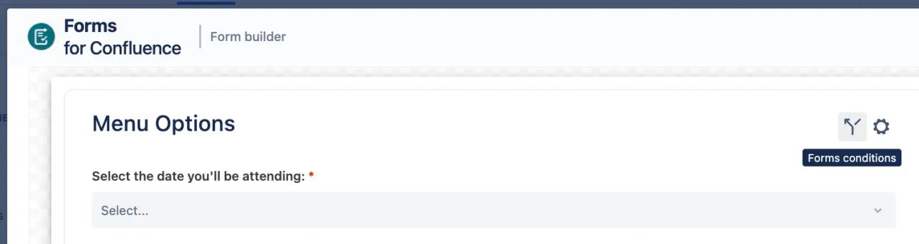 A user selects the Forms conditions button from the Form Builder in Confluence