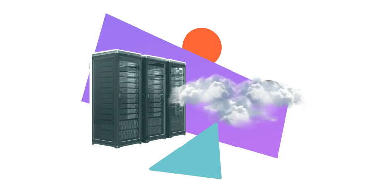 A stack of server towers beside a wispy cloud