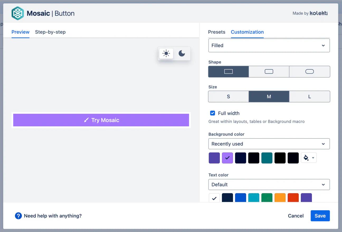 A browser window showing various options for customising Buttons within the Confluence Button editor
