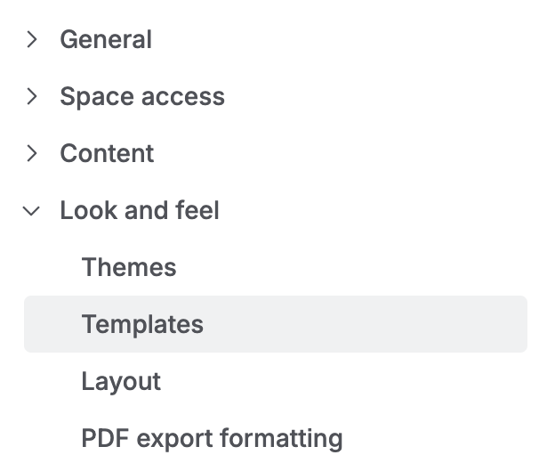 Screenshot showing the Templates section highlighted in the menu bar of a Confluence space's settings page