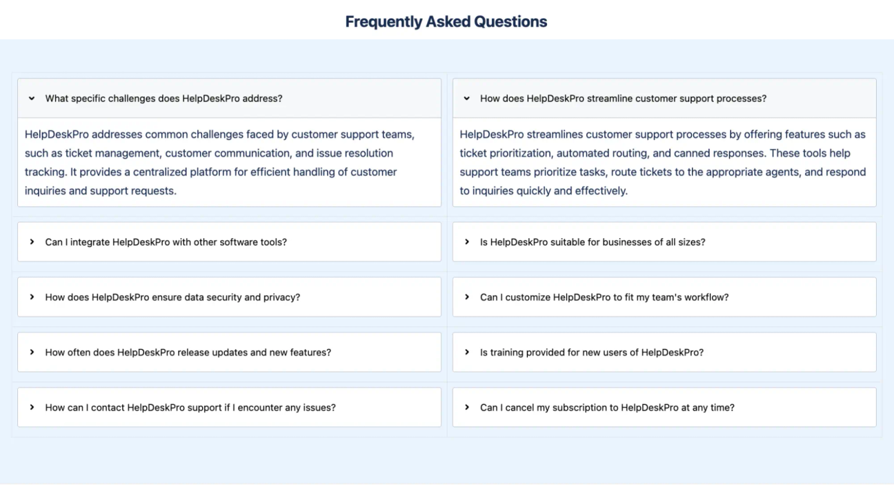 Two columns of FAQs in collapsible sections on a Confluence FAQ page