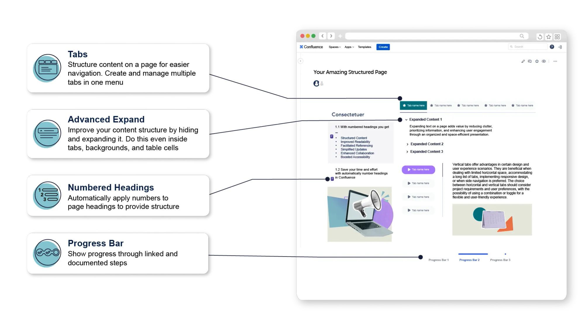 A screenshot of FAQs and support links formatted using Tabs, Cards, and Background macros in Confluence Cloud