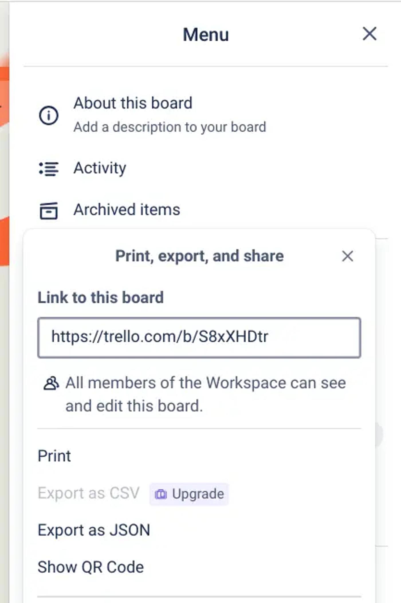 The Print, export, and share options in Trello