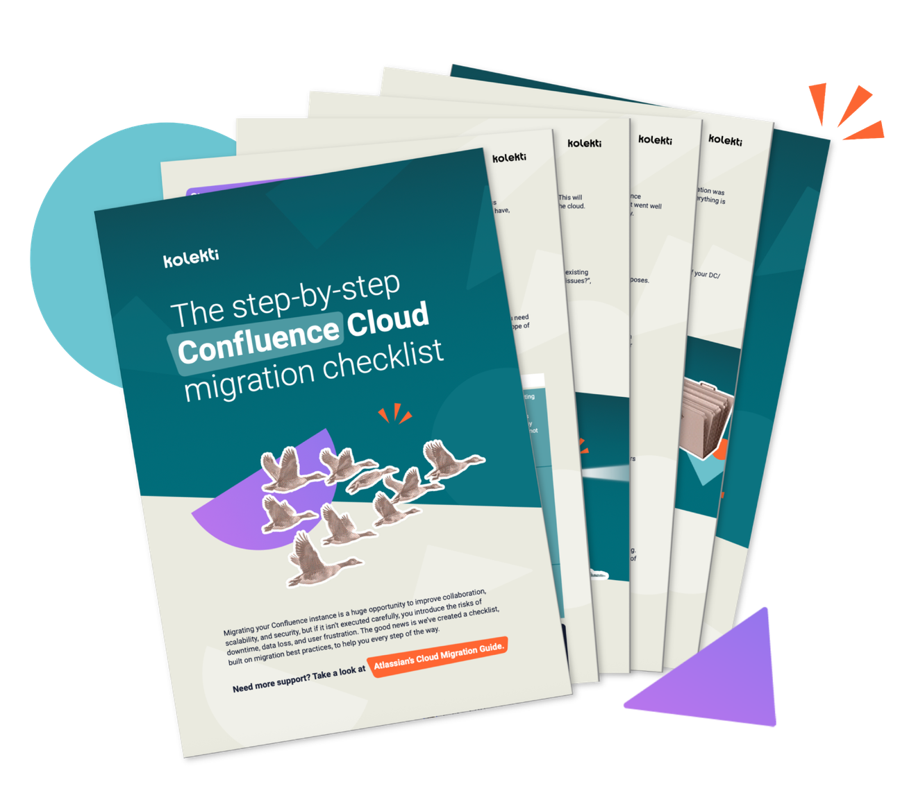 A fanned display of pages in the Confluence Cloud migration checklist PDF