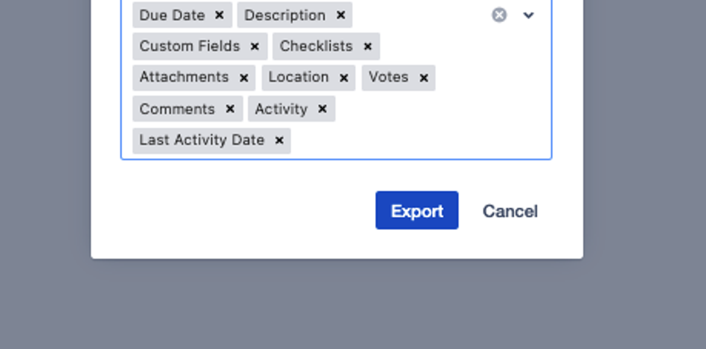 A close-up of the Export button in the Board Export for Trello Power-Up