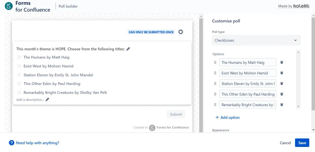 An image showing a poll in the Confluence poll editor dialog