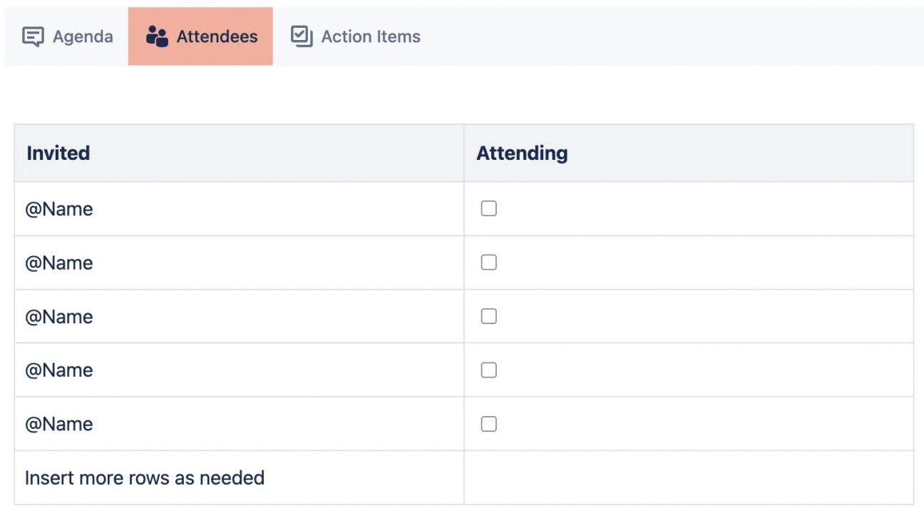 The attendees section of the Weekly Meeting Notes Template for Confluence.