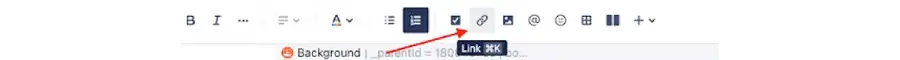 The Confluence toolbar with an arrow pointing at the link button