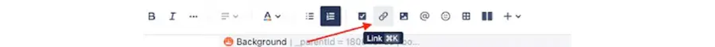 The Confluence toolbar with an arrow pointing at the link button