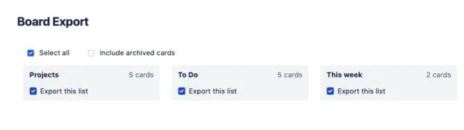 A screenshot showing potential Trello lists to export