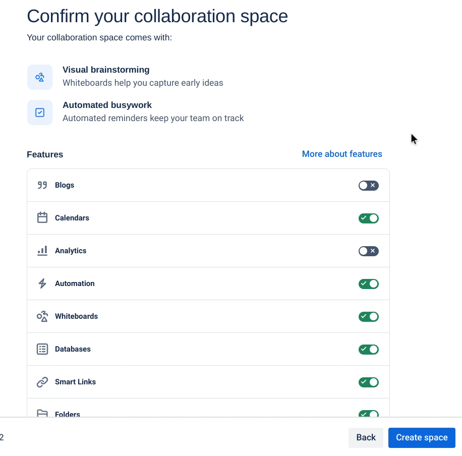 A GIF showing a user toggling features in a new Confluence space