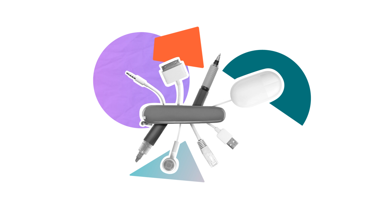 A multitool made up of gadgets, surrounded by colourful shapes