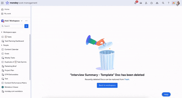 A gif showing a user restoring a document from monday's trash area