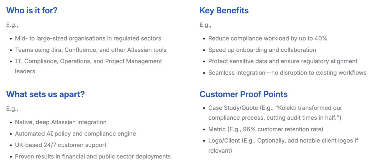 The middle section of the one-pager with various questions such as 'Who is it for?' and bullet point answers.