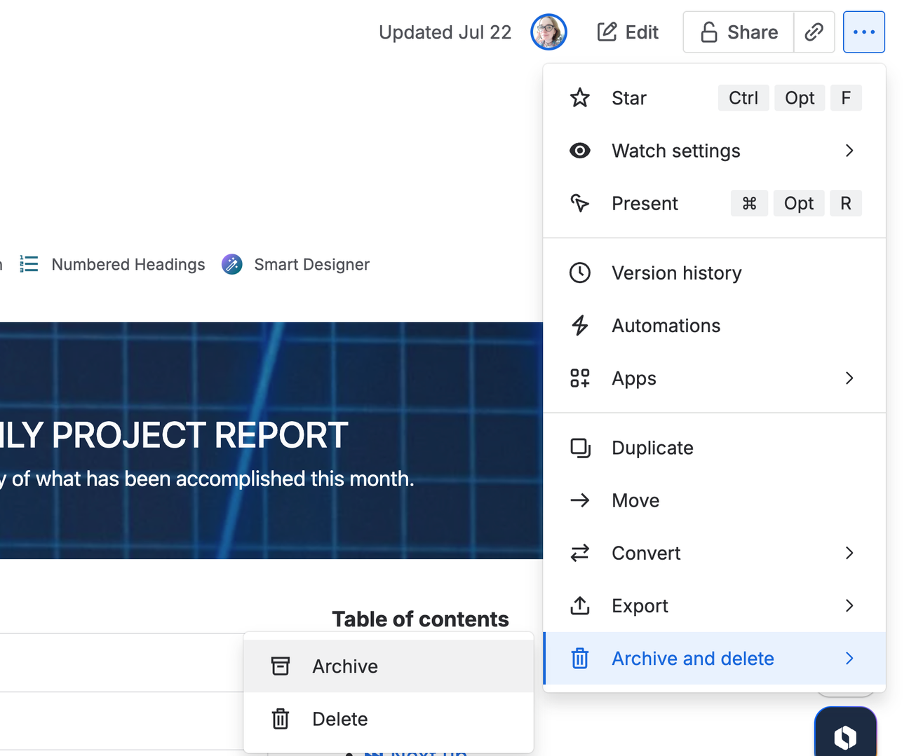 The Archive option selected in the Confluence "More actions" dropdown menu
