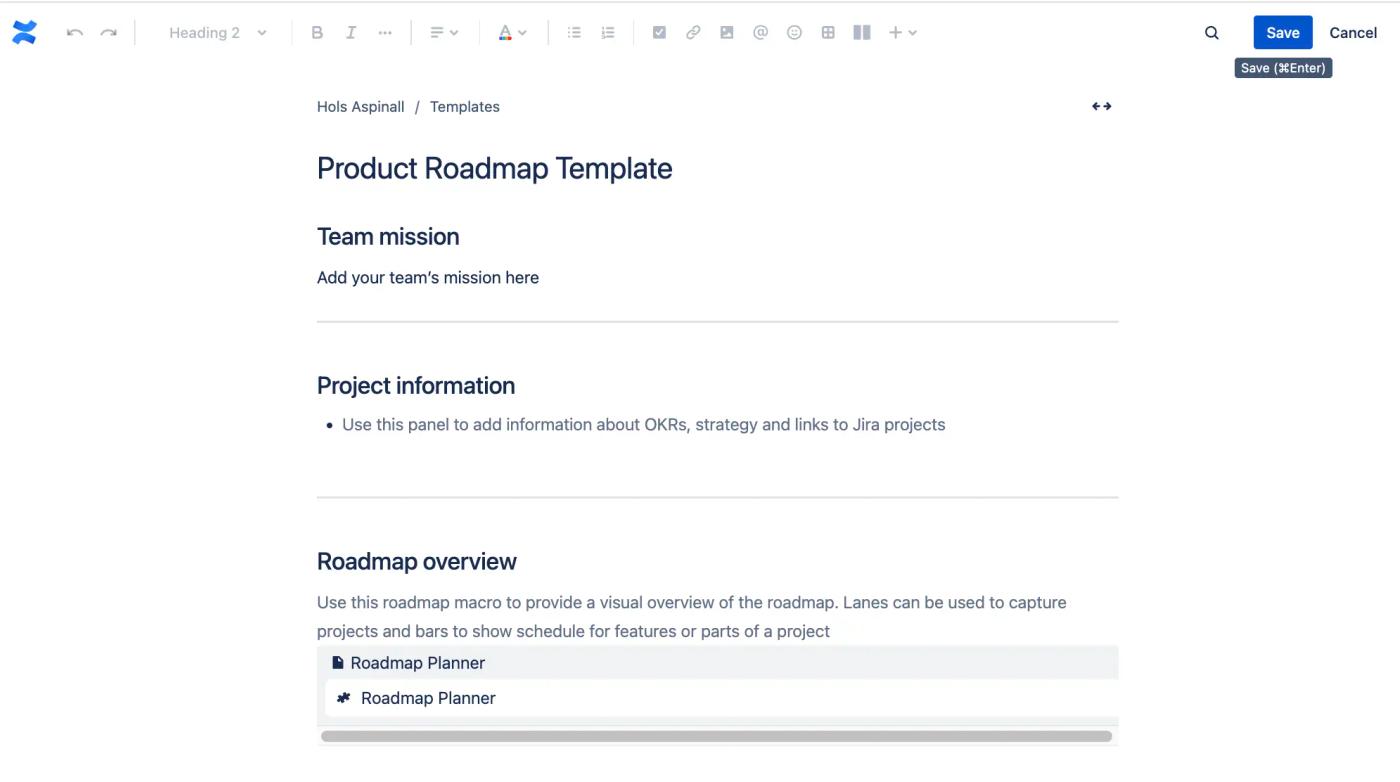 A Confluence page showing a newly created Product Roadmap Template