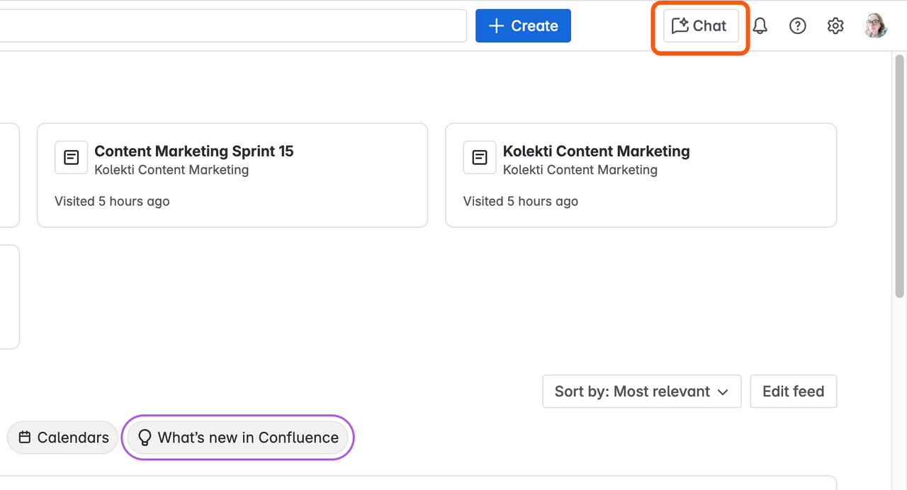 Screenshot of a Confluence page with the 'Chat' option circled in orange