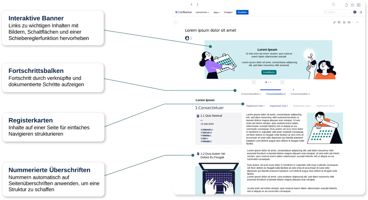 Ein Screenshot von FAQs und Support-Links, die in der Confluence Cloud mit Hilfe von Registerkarten, Karten und Hintergrundmakros formatiert wurden