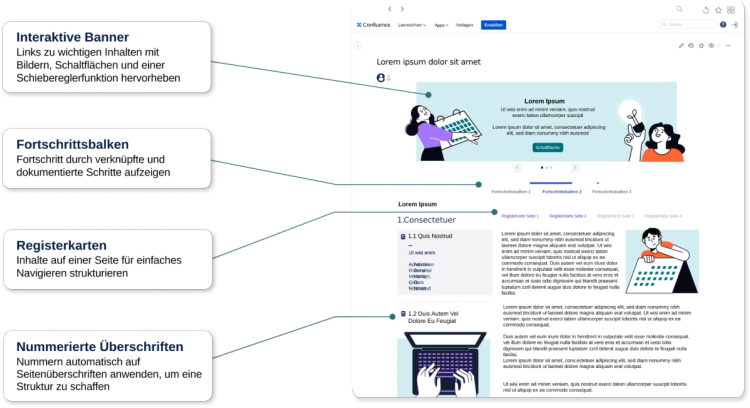 Ein Screenshot von FAQs und Support-Links, die in der Confluence Cloud mit Hilfe von Registerkarten, Karten und Hintergrundmakros formatiert wurden