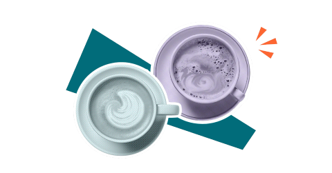 Two cups of coffee, photographed from above and enhanced digitally, on a stylised background