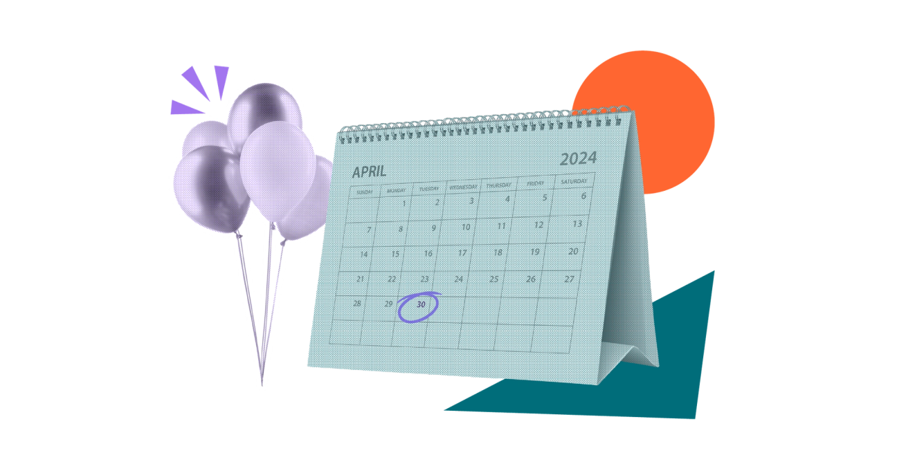 A collage-style image of a paper calendar and bunch of balloons
