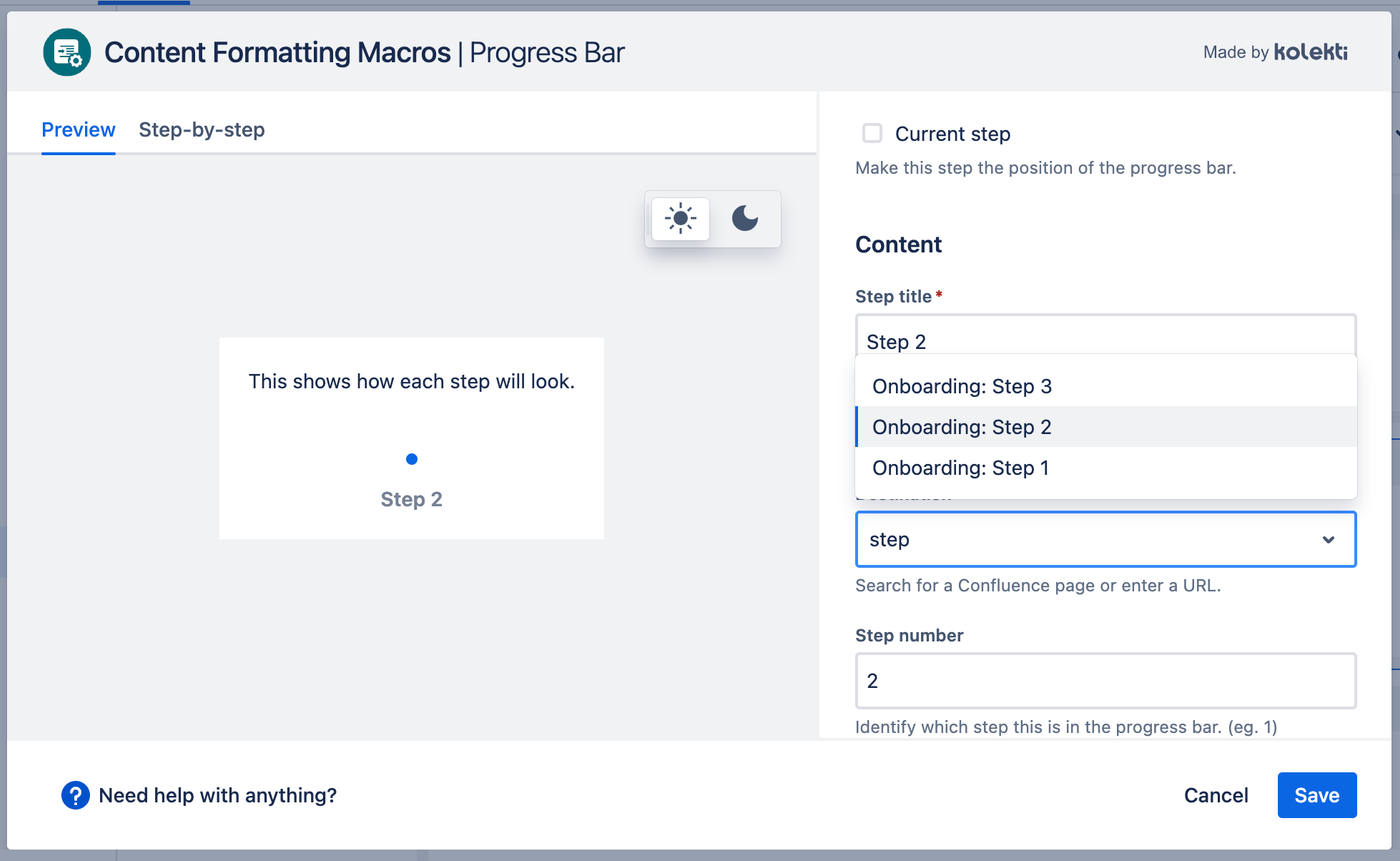 The Confluence Progress Bar editor showing step 2 of 3