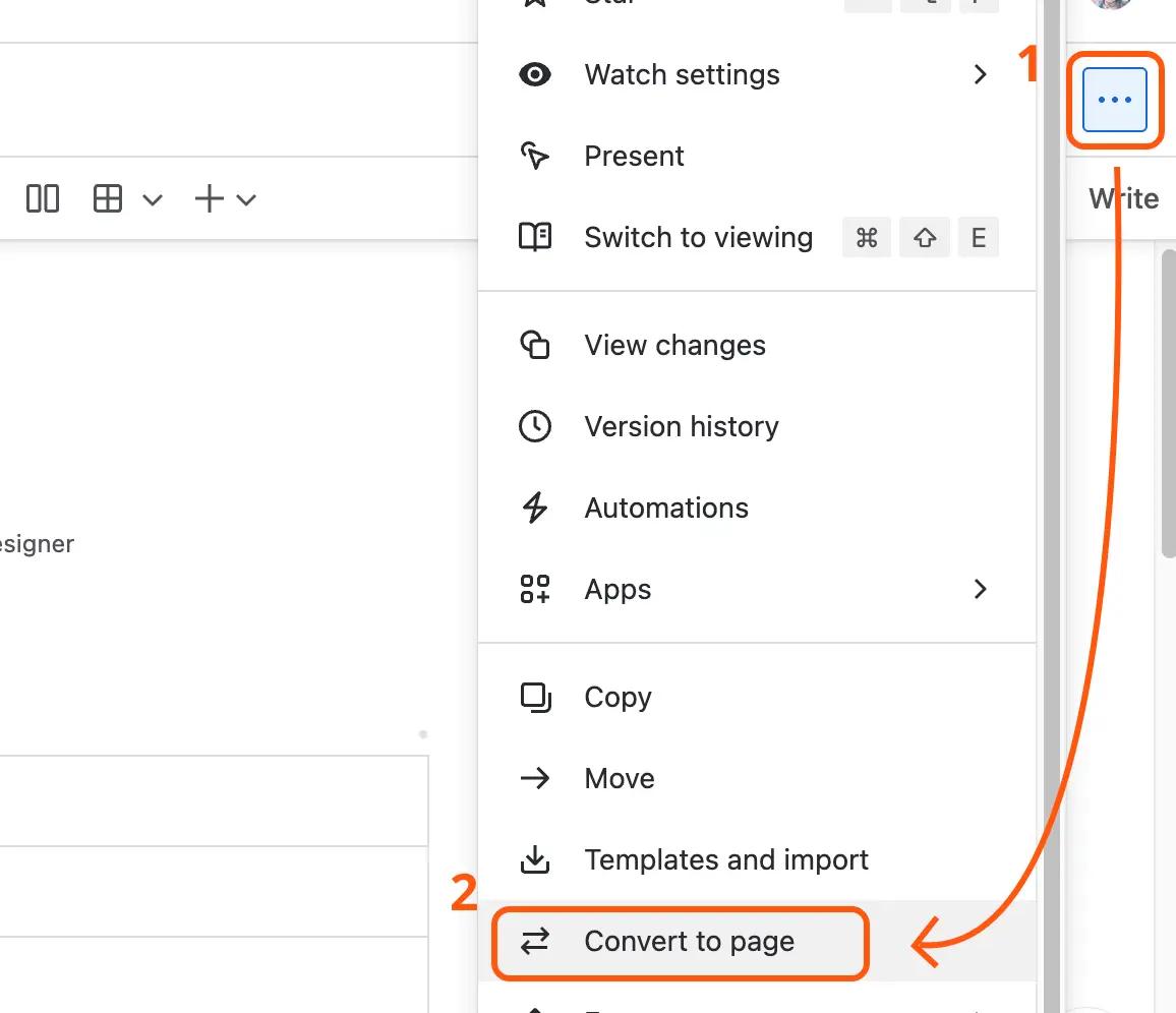The Confluence "more actions" menu with an arrow pointing to the "Convert to page" option