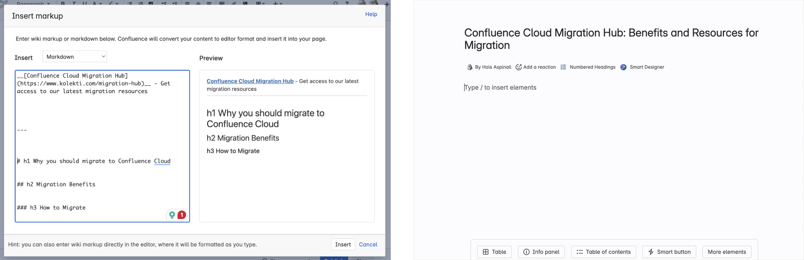 Static image on the left of a Confluence DC markup macro and an animated GIF on the right of a user pasting markdown on a Confluence page