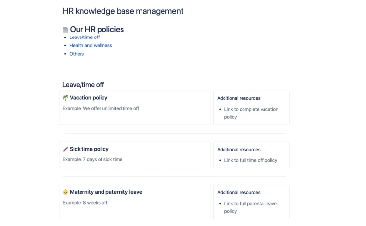 A free Atlassian HR knowledge base template with links and information on company perks