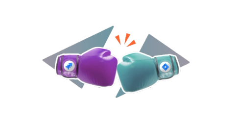 Two boxing gloves, one with the Jira logo, the other with the Confluence logo, trade blows on a stylised background