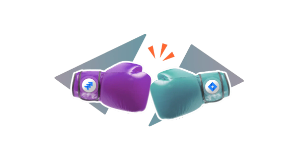 Two boxing gloves, one with the Jira logo, the other with the Confluence logo, trade blows on a stylised background